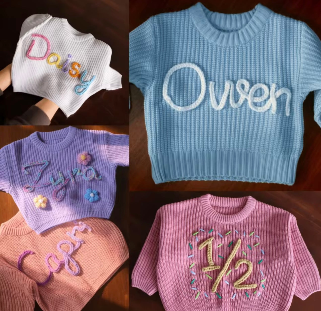 Handmade Knitted Personalised Kids Jumper Embroidered Knitted Jumper Children’s Knitted Jumper Embroidered Name Personalised Boys and Girls