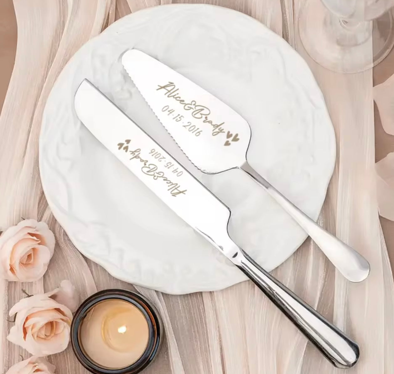 Stunning Wedding Cake Slice Server and Knife Set | Personalised Wedding Cake Slice | Wedding Cake Knife | Gold | Silver | Rose Gold