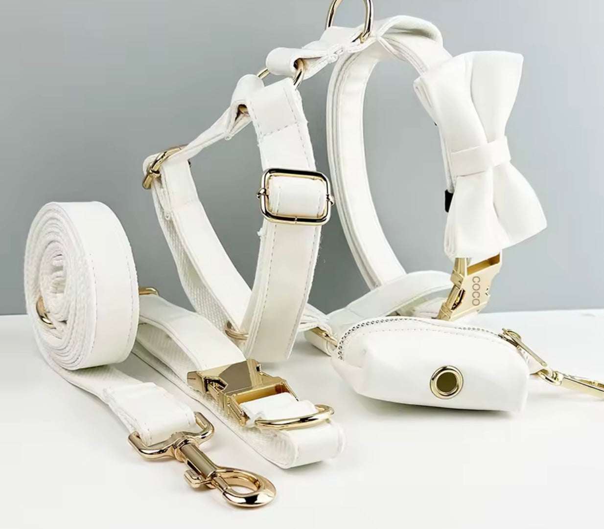 White Faux Leather Wedding Dog Collar & Lead Set Wedding Dog Harness Engraved Metal Clasp. Personalised. Dog Wedding Bow. Dog Wedding Guest