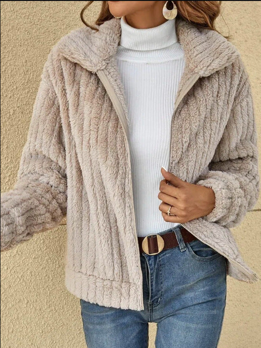 Warm Plush Autumn And Winter New Style Striped Plush Cardigan Lapel Short Jacket Fleece Teddy