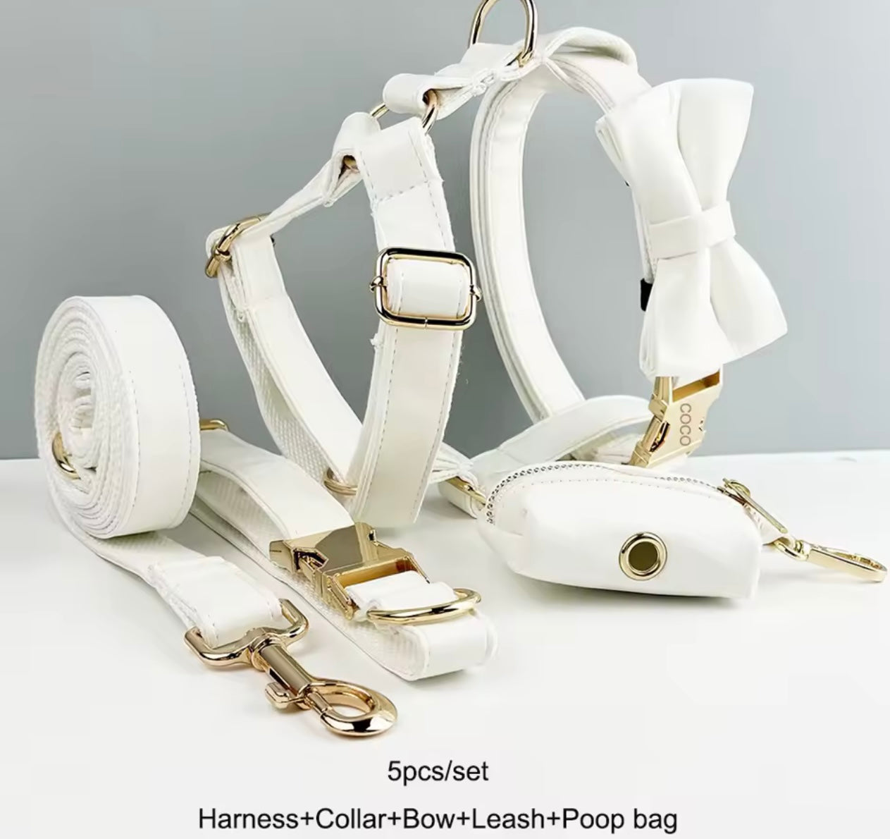 White Faux Leather Wedding Dog Collar & Lead Set Wedding Dog Harness Engraved Metal Clasp. Personalised. Dog Wedding Bow. Dog Wedding Guest
