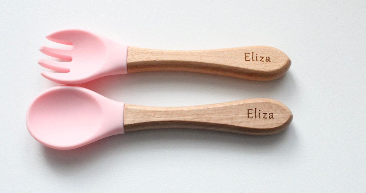 Personalised Weaning Cutlery Set | Baby Toddler Spoon and Fork Set | Baby Weaning | Weaning Gift Set | UK Made | Wood and Silicone |