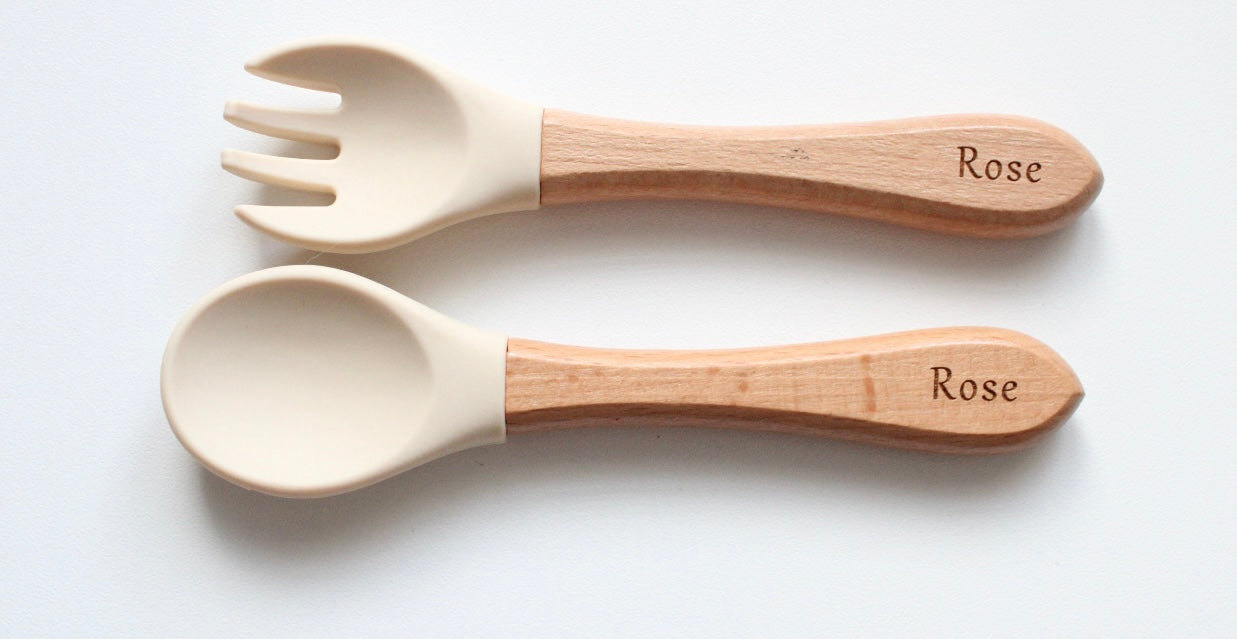 Personalised Weaning Cutlery Set | Baby Toddler Spoon and Fork Set | Baby Weaning | Weaning Gift Set | UK Made | Wood and Silicone |