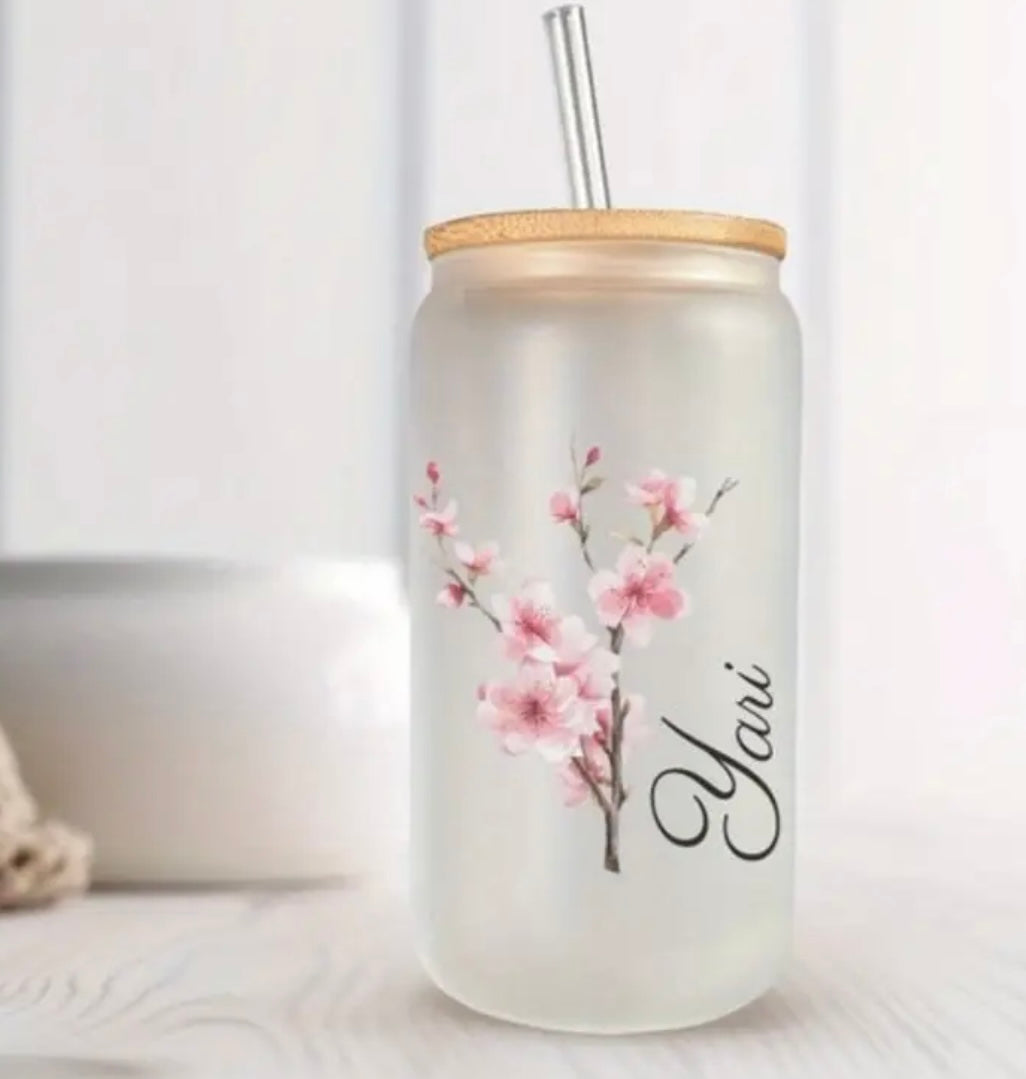 Handpainted Birth Flower & Name Petsonalised Custom Glass Tumbler | Iced Coffee Tumbler | Water Tumbler With Straw | Glass Tumbler | Cup