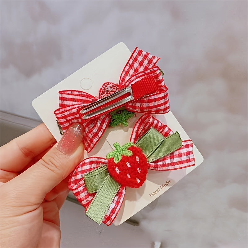 Set of 2 lovely strawberry or cherry bow hair clips handmade, suitable for ages 3-adult