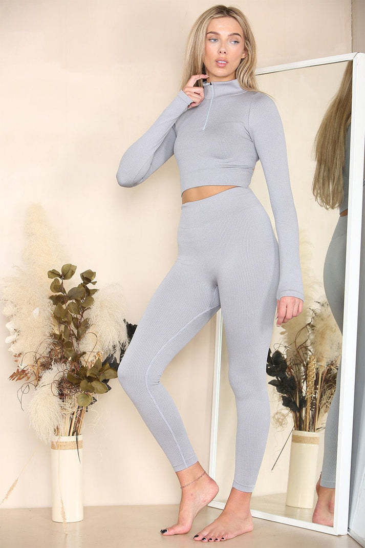 Ribbed Tracksuit Two Piece Set With Half Zip Detail Gym Loungewear Winter Yoga Pilates Long Sleeve Gym Set