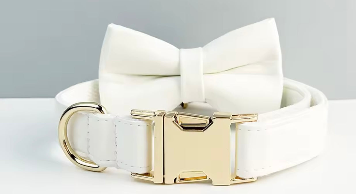 White Faux Leather Wedding Dog Collar & Lead Set Wedding Dog Harness Engraved Metal Clasp. Personalised. Dog Wedding Bow. Dog Wedding Guest