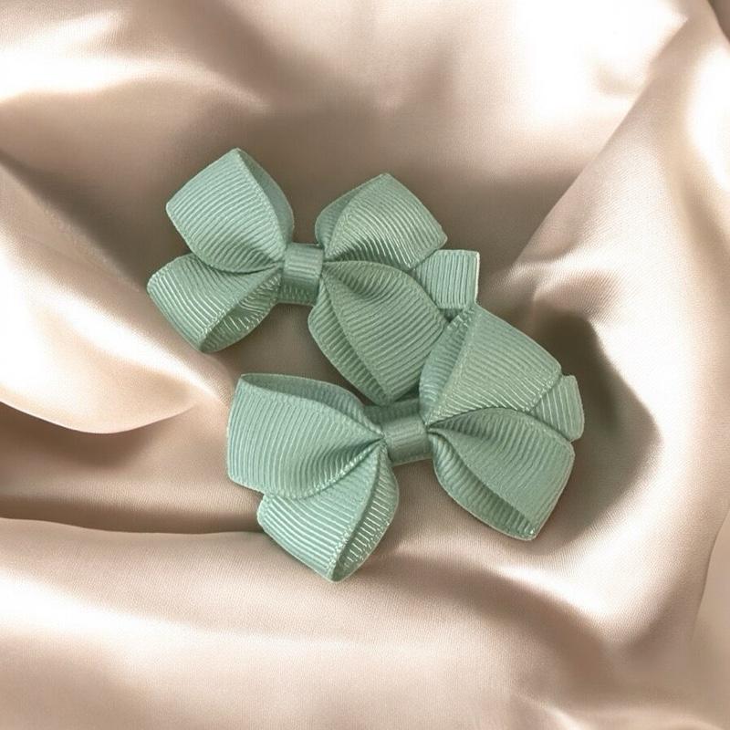 Baby Bow Hair Clip - 2 Pack - Greens - Handmade in UK - safety hair grip - suitable for 6 months plus