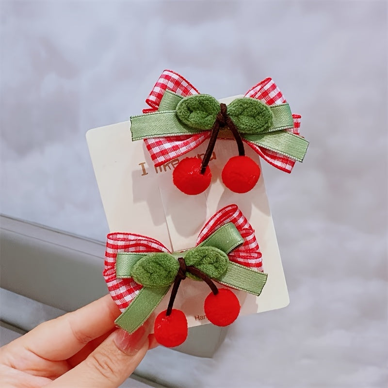 Set of 2 lovely strawberry or cherry bow hair clips handmade, suitable for ages 3-adult