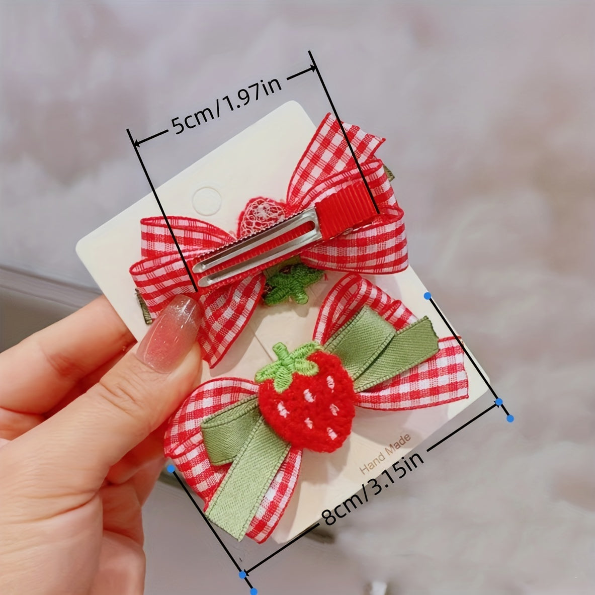Set of 2 lovely strawberry or cherry bow hair clips handmade, suitable for ages 3-adult