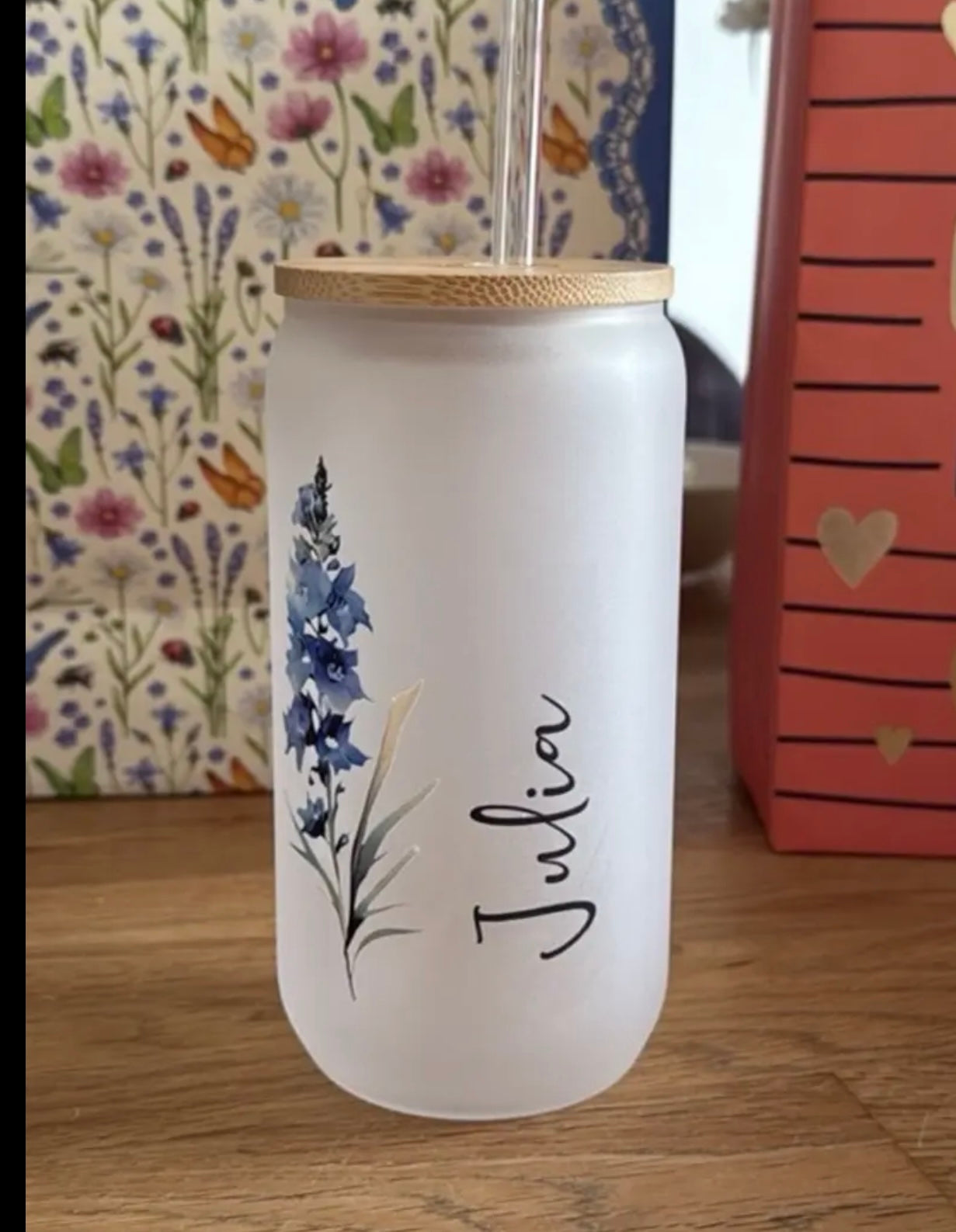 Handpainted Birth Flower & Name Petsonalised Custom Glass Tumbler | Iced Coffee Tumbler | Water Tumbler With Straw | Glass Tumbler | Cup