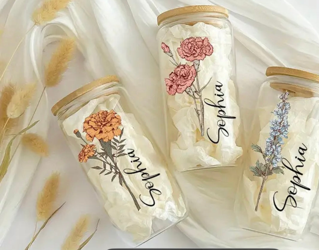 Handpainted Birth Flower & Name Petsonalised Custom Glass Tumbler | Iced Coffee Tumbler | Water Tumbler With Straw | Glass Tumbler | Cup