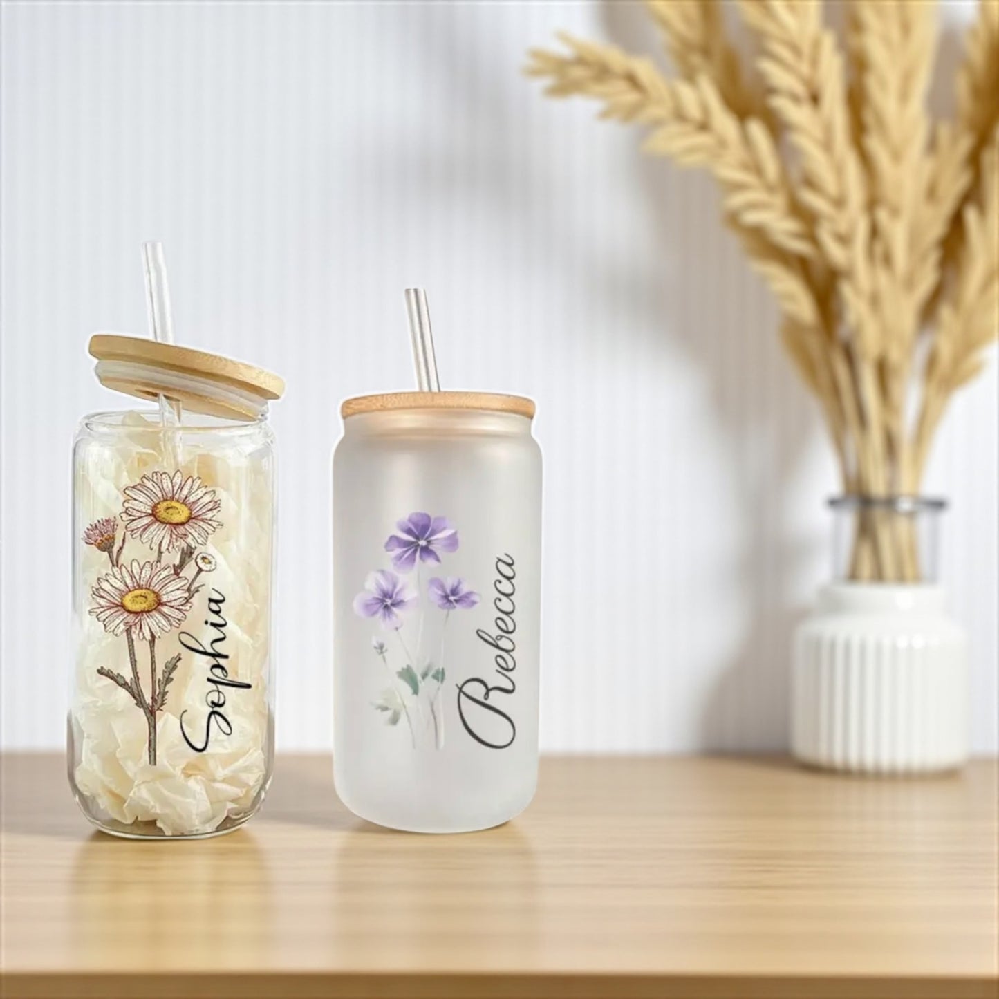 Handpainted Birth Flower & Name Petsonalised Custom Glass Tumbler | Iced Coffee Tumbler | Water Tumbler With Straw | Glass Tumbler | Cup