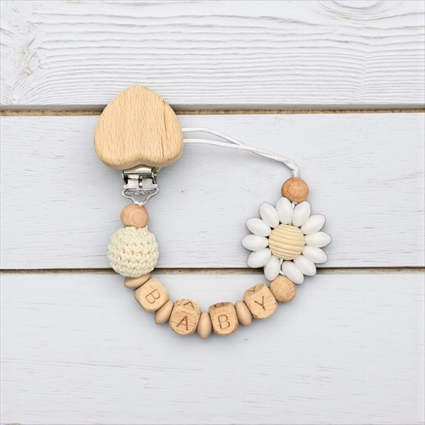 Handmade Personalised Dummy Clip Flower Design Wood & Silicone Safety Clip Toxin Free Baby Gift Dummy Clip Pacifier Clip Personalised Gift
