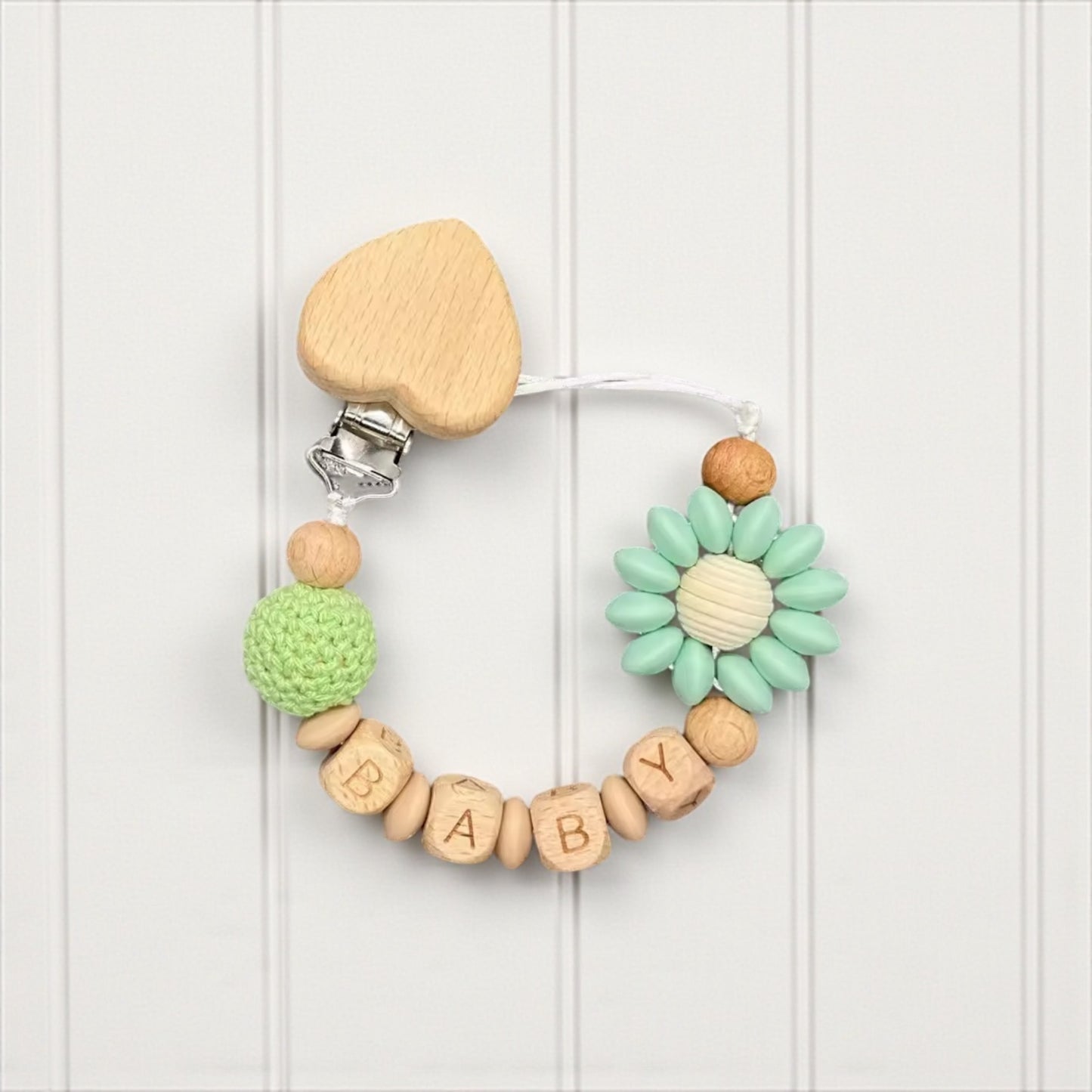 Handmade Personalised Dummy Clip Flower Design Wood & Silicone Safety Clip Toxin Free Baby Gift Dummy Clip Pacifier Clip Personalised Gift