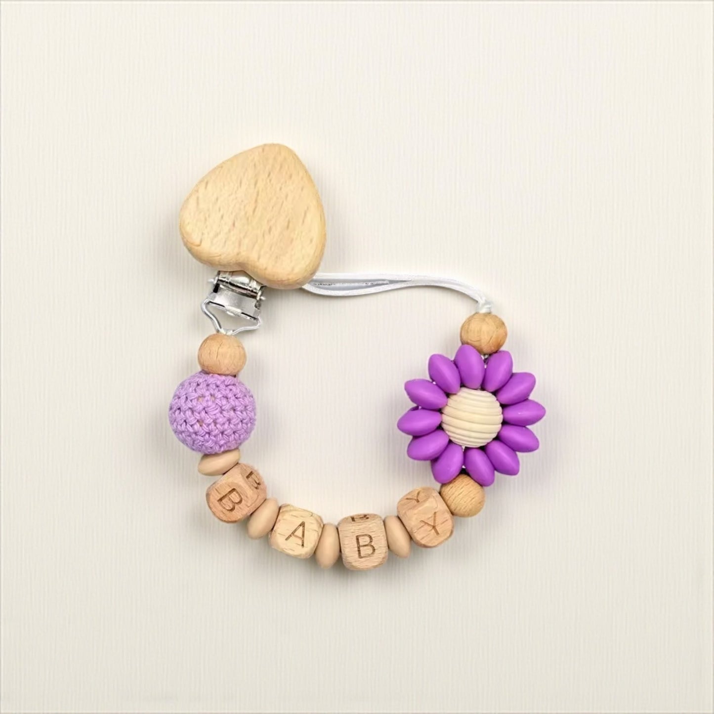 Handmade Personalised Dummy Clip Flower Design Wood & Silicone Safety Clip Toxin Free Baby Gift Dummy Clip Pacifier Clip Personalised Gift