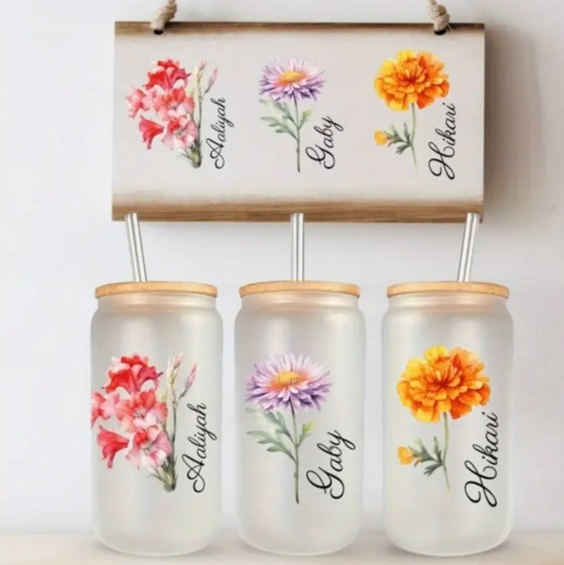 Handpainted Birth Flower & Name Petsonalised Custom Glass Tumbler | Iced Coffee Tumbler | Water Tumbler With Straw | Glass Tumbler | Cup