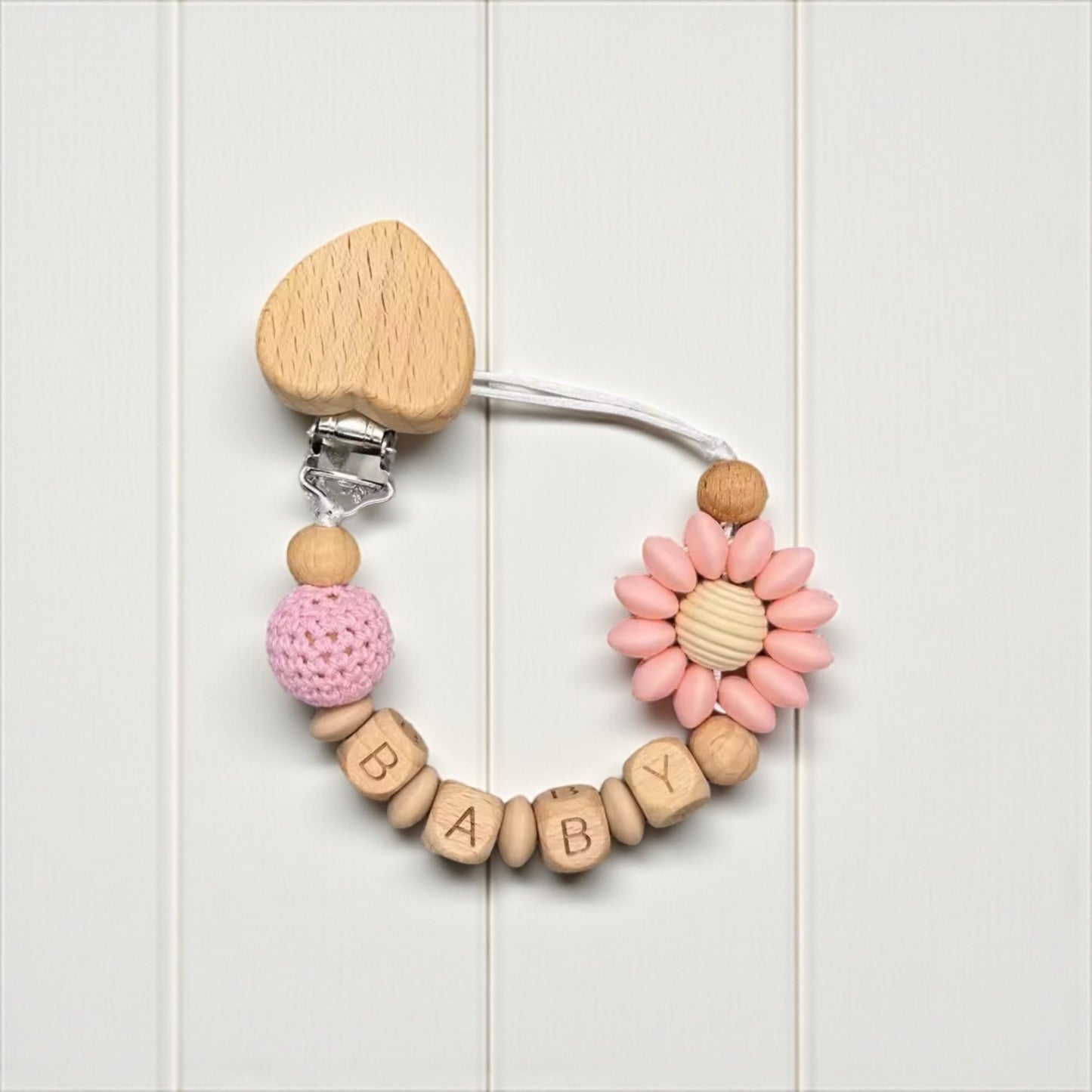 Handmade Personalised Dummy Clip Flower Design Wood & Silicone Safety Clip Toxin Free Baby Gift Dummy Clip Pacifier Clip Personalised Gift