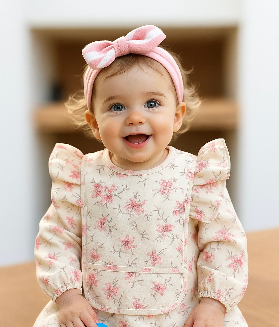 Baby Soft Waterproof Bib Long Sleeves With Cute Matching Bow Headband Little Boy Girl Painting Smock Child Meal Eating Apron with Long Sleeves Kid Adjustable Feeding Bibs