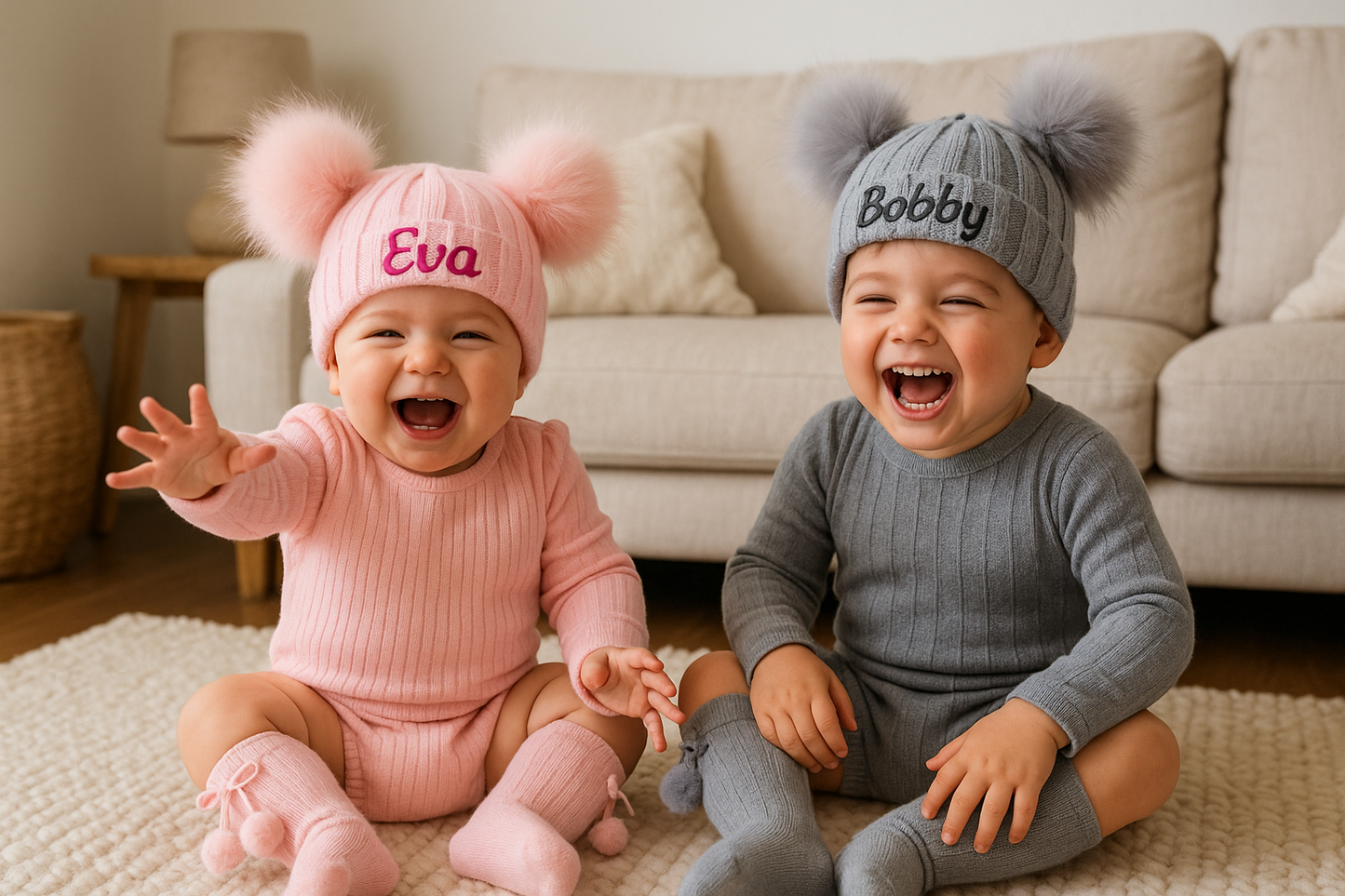 Personalised Double Pom Pom Winter Hat With Matching Double Pom Pom Socks