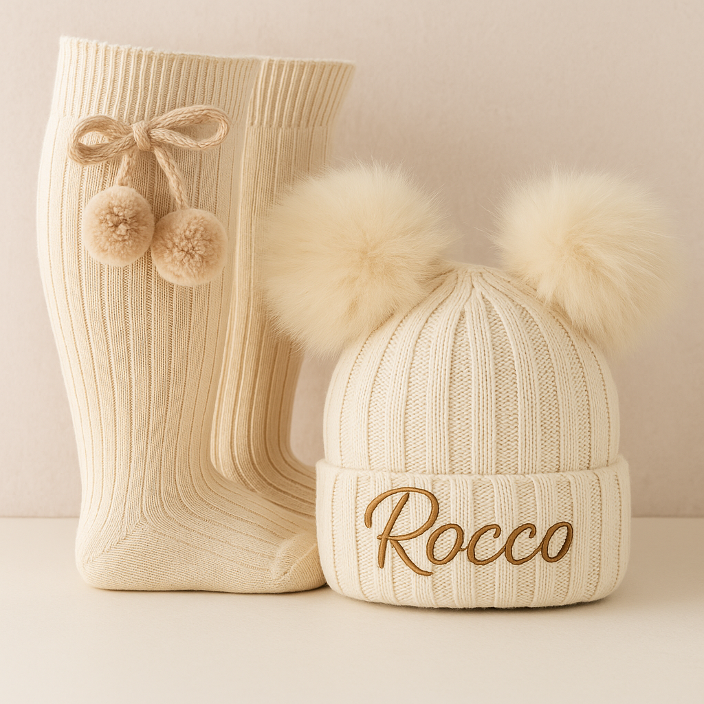 Personalised Double Pom Pom Winter Hat With Matching Double Pom Pom Socks
