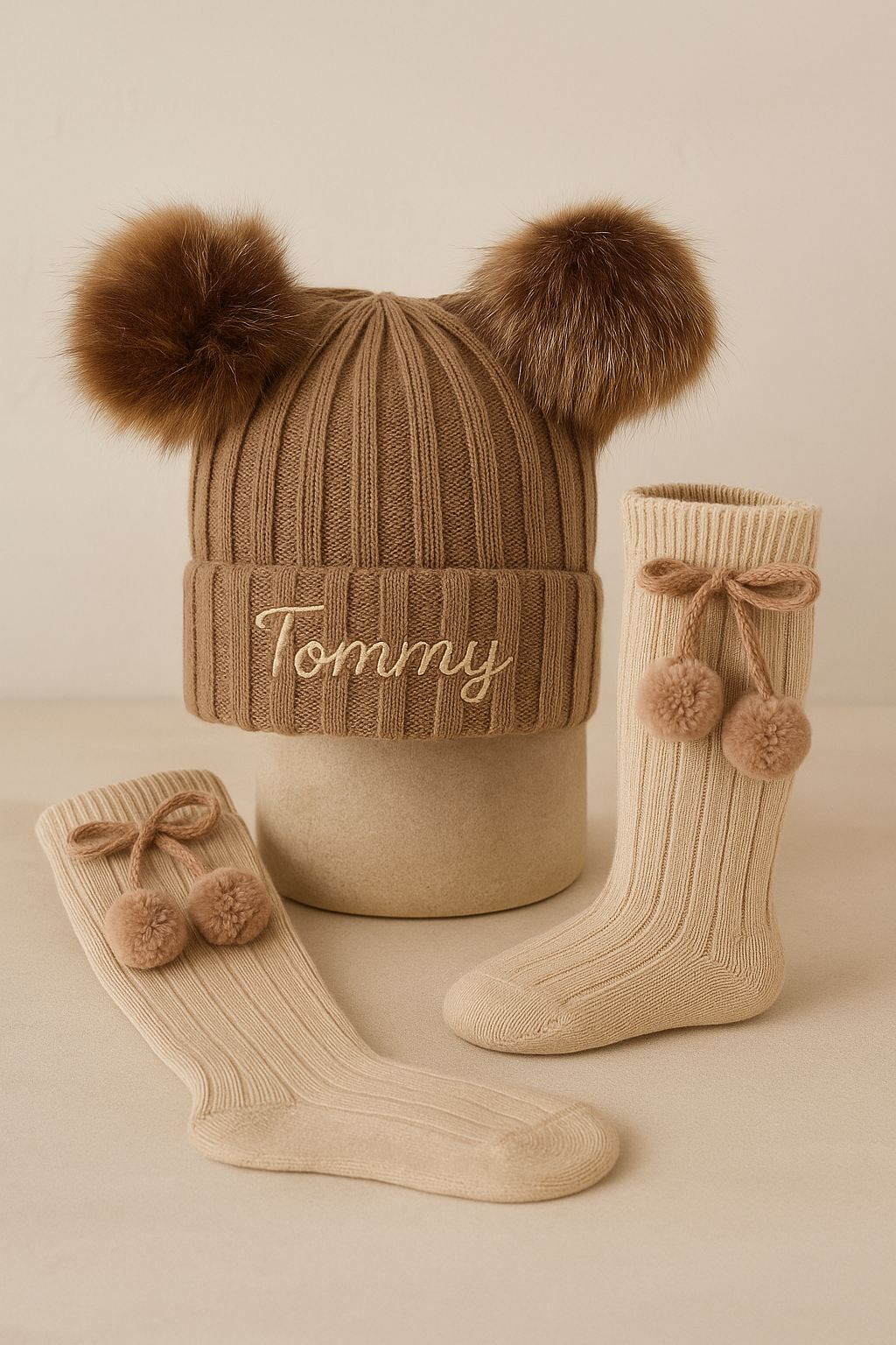 Personalised Double Pom Pom Winter Hat With Matching Double Pom Pom Socks