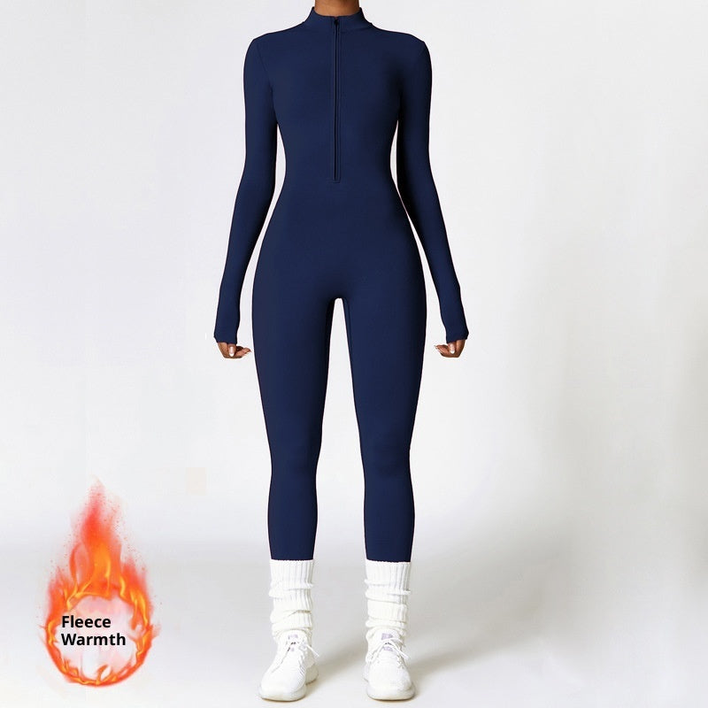 Women's Sporty Tight-Fit Long Sleeve Workout Jumpsuit, Plain Pattern, Fleece Lined, Half Zipper Design, Fall & Winter, Warm Sports Wear, Warm Jumpsuit, Winter Clothing, Winter Fleece-lined Yoga Jumpsuit Long Sleeve Warm