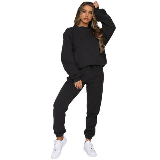 Cosy Sweater & Joggers Set, Leisure Wear, Loungewear, Comfy, Comfort Solid Color Round Neck Pullover, Long Pants And Long Sleeve Hoodie Set