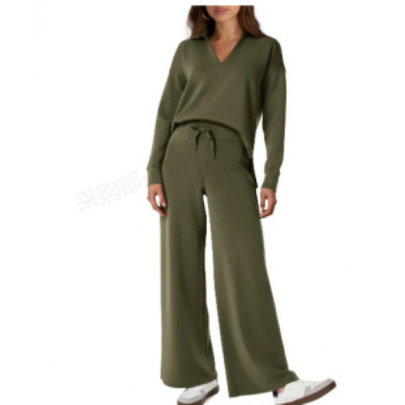 Comfy Warm Loungewear Set Two Piece Womens Leisure Wear Set Women's Tracksuit Sports Suit V-neck Long-sleeved Pullover Top And Drawstring Straight-leg Trousers Casual Solid Trousers Set