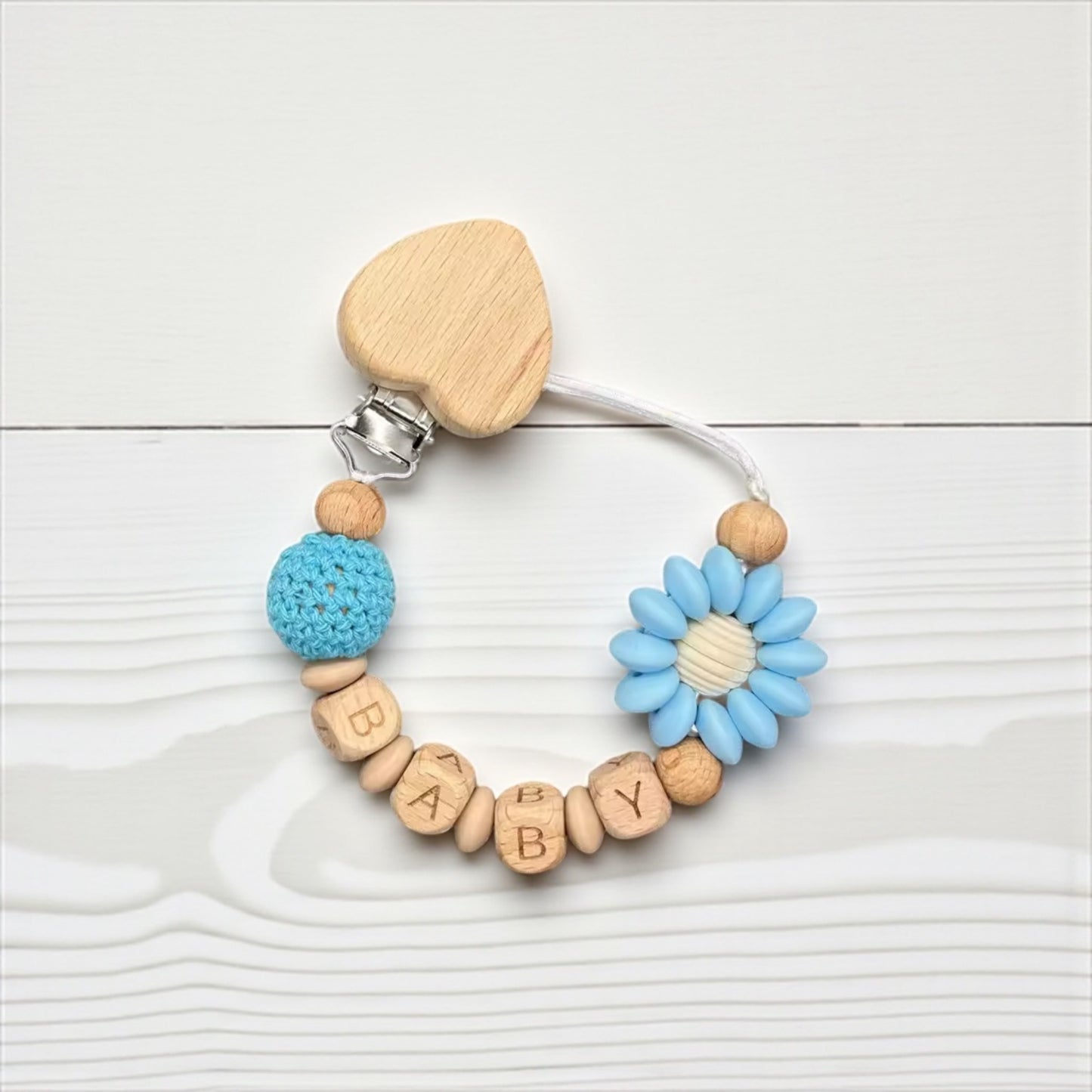 Handmade Personalised Dummy Clip Flower Design Wood & Silicone Safety Clip Toxin Free Baby Gift Dummy Clip Pacifier Clip Personalised Gift