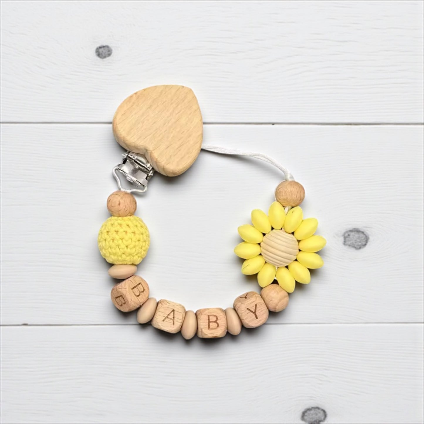 Handmade Personalised Dummy Clip Flower Design Wood & Silicone Safety Clip Toxin Free Baby Gift Dummy Clip Pacifier Clip Personalised Gift