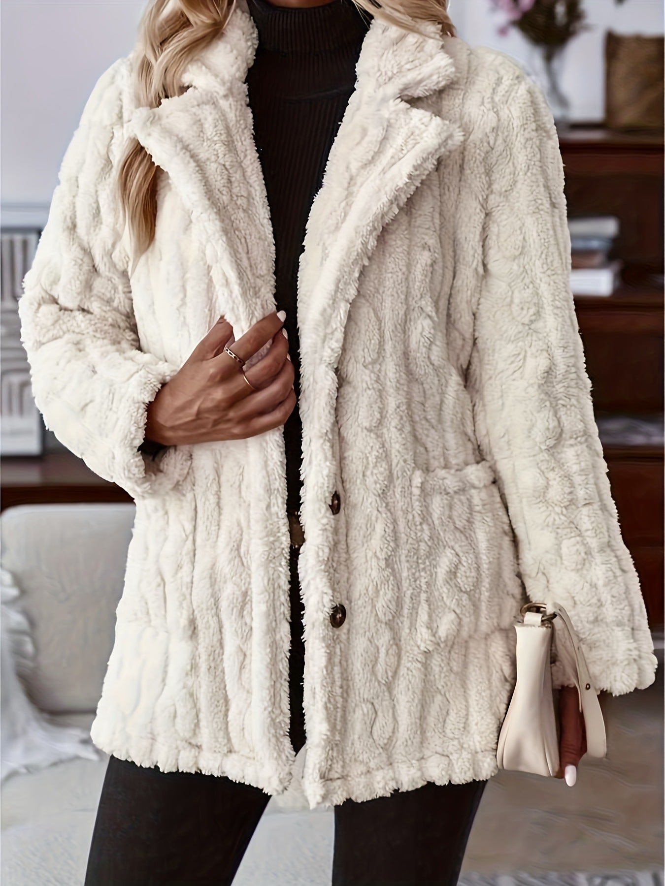 Women's Warm Cosy Fuzzy Fleece Coat Jacket Double-sided Plush Water Ripple Button Cardigan Pocket Lapel Casual Top Jacket