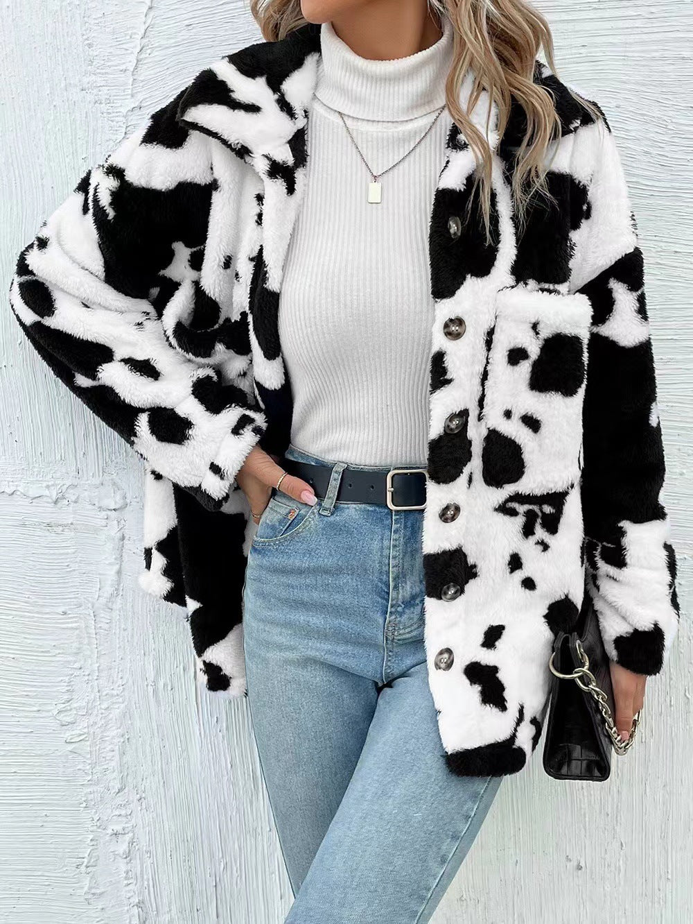 Cow Print Warm Plush Fleece Warn Oversized Fleece Double-sided Plush Cow Pocket Top Jacket