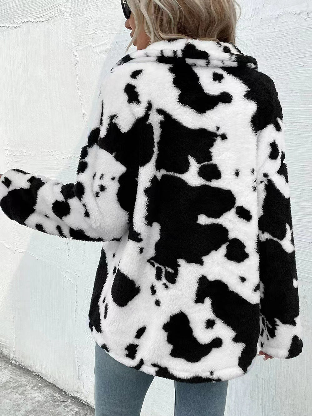 Cow Print Warm Plush Fleece Warn Oversized Fleece Double-sided Plush Cow Pocket Top Jacket