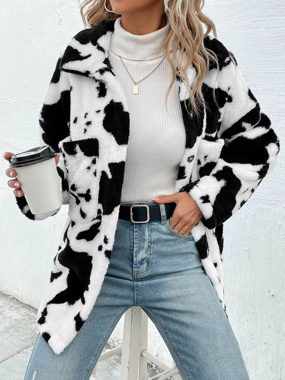 Cow Print Warm Plush Fleece Warn Oversized Fleece Double-sided Plush Cow Pocket Top Jacket