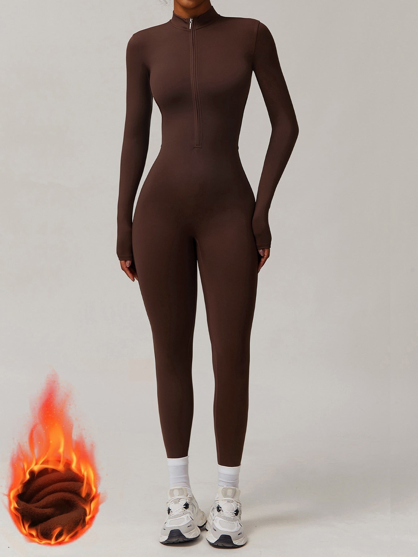 Women's Sporty Tight-Fit Long Sleeve Workout Jumpsuit, Plain Pattern, Fleece Lined, Half Zipper Design, Fall & Winter, Warm Sports Wear, Warm Jumpsuit, Winter Clothing, Winter Fleece-lined Yoga Jumpsuit Long Sleeve Warm