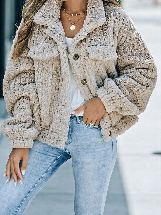 Lapel Plush Bomber Jacket Warm Fleece Comfort Casual Women's Thick Plush Coat