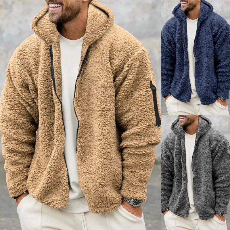 Mens Warm Fleece Plush Hooded Jacket Men's Autumn And Winter Fleece Double-sided Wear Warm Coat With Zipper Loose Casual Jacket Outdoor Clothing