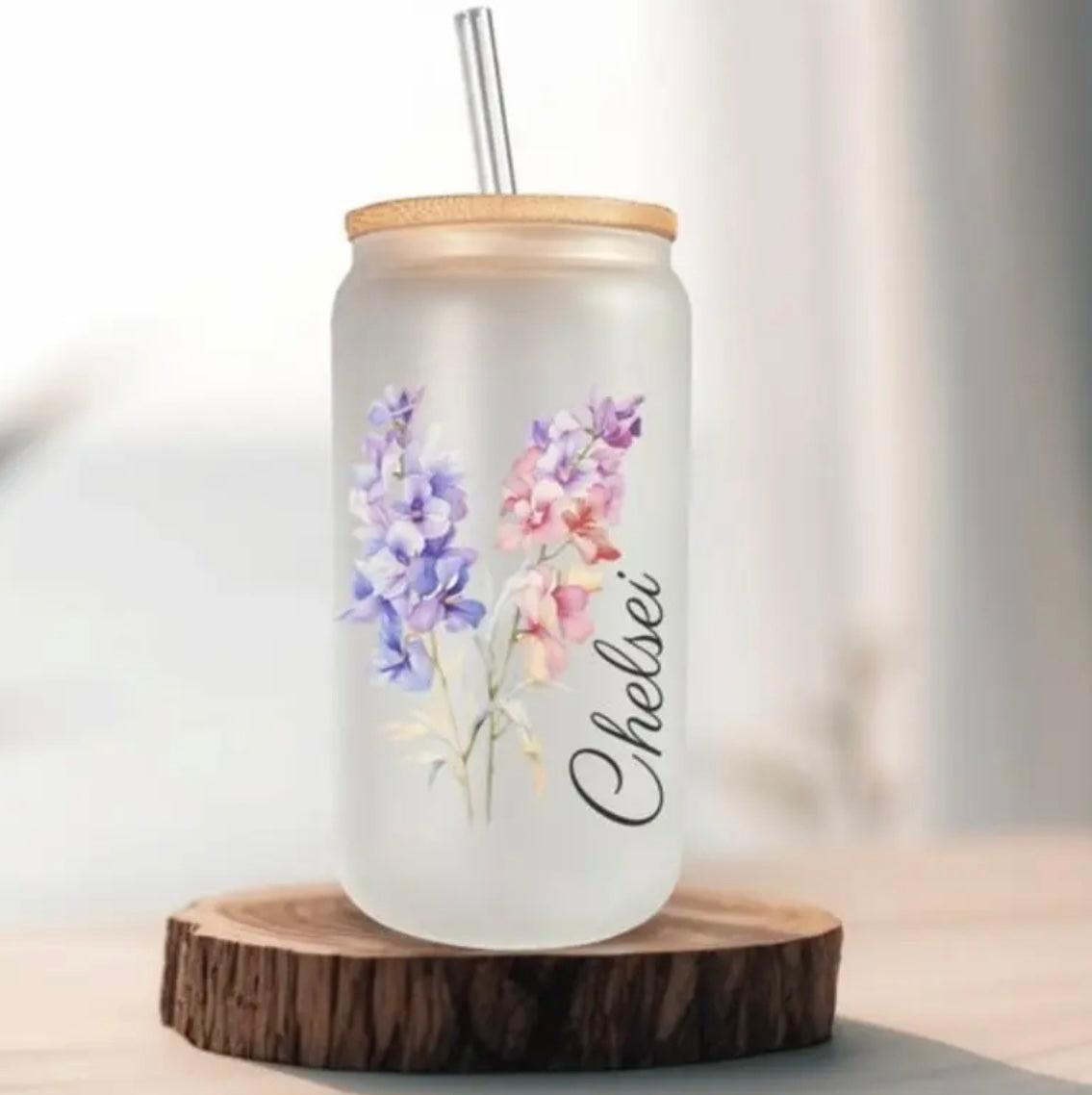 Handpainted Birth Flower & Name Petsonalised Custom Glass Tumbler | Iced Coffee Tumbler | Water Tumbler With Straw | Glass Tumbler | Cup