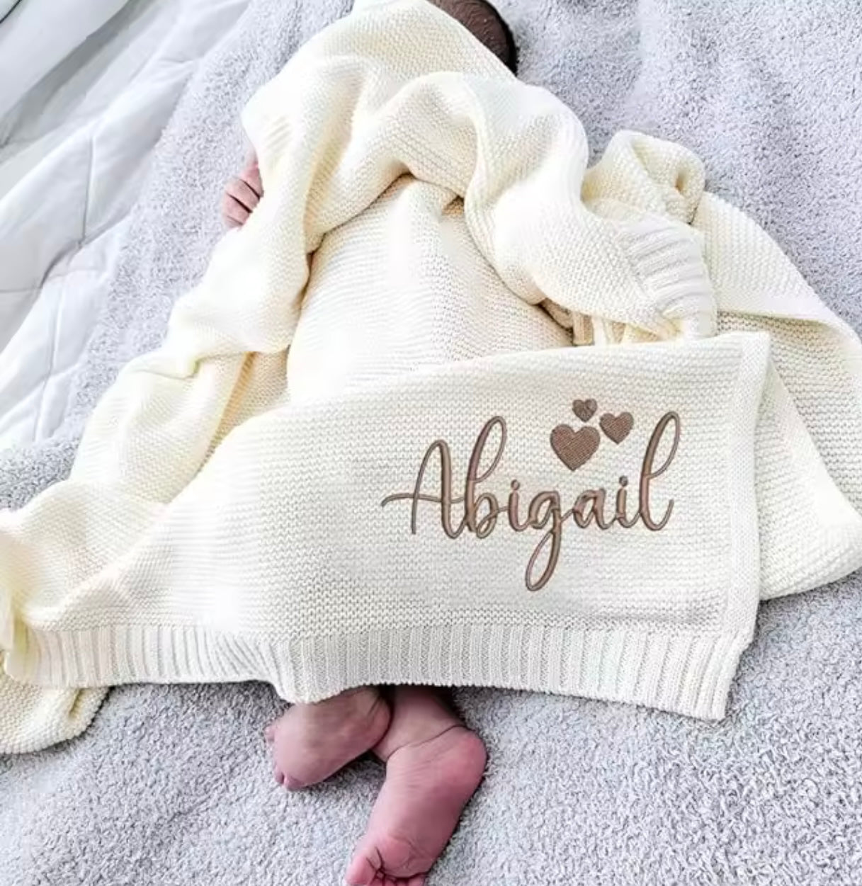 Beautiful Handmade Personalised Knitted Baby Blanket Organic Cotton and Soft Bamboo Material For a Snuggly Cosy Feel. Baby Gift Baby Shower