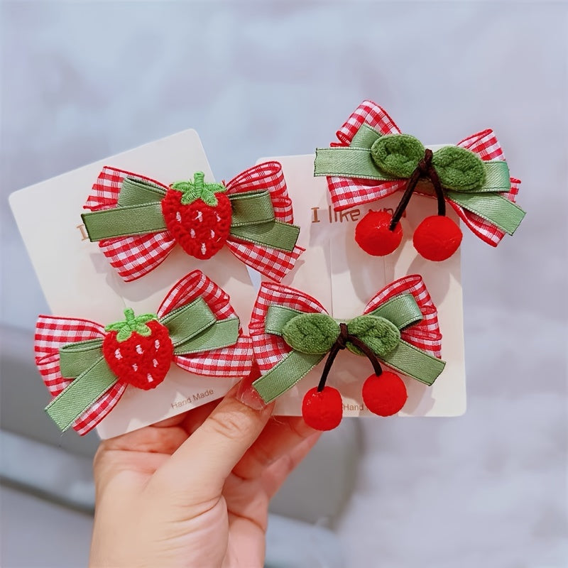 Set of 2 lovely strawberry or cherry bow hair clips handmade, suitable for ages 3-adult