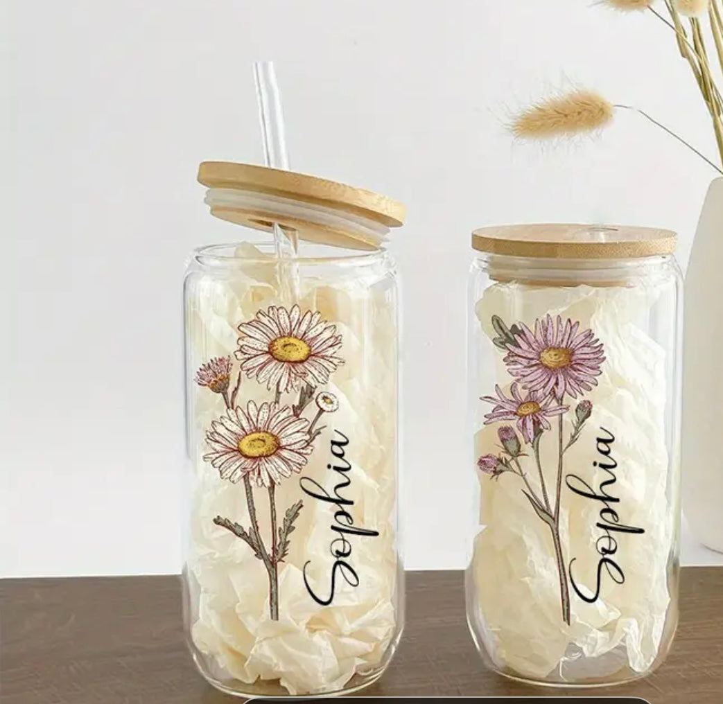 Handpainted Birth Flower & Name Petsonalised Custom Glass Tumbler | Iced Coffee Tumbler | Water Tumbler With Straw | Glass Tumbler | Cup