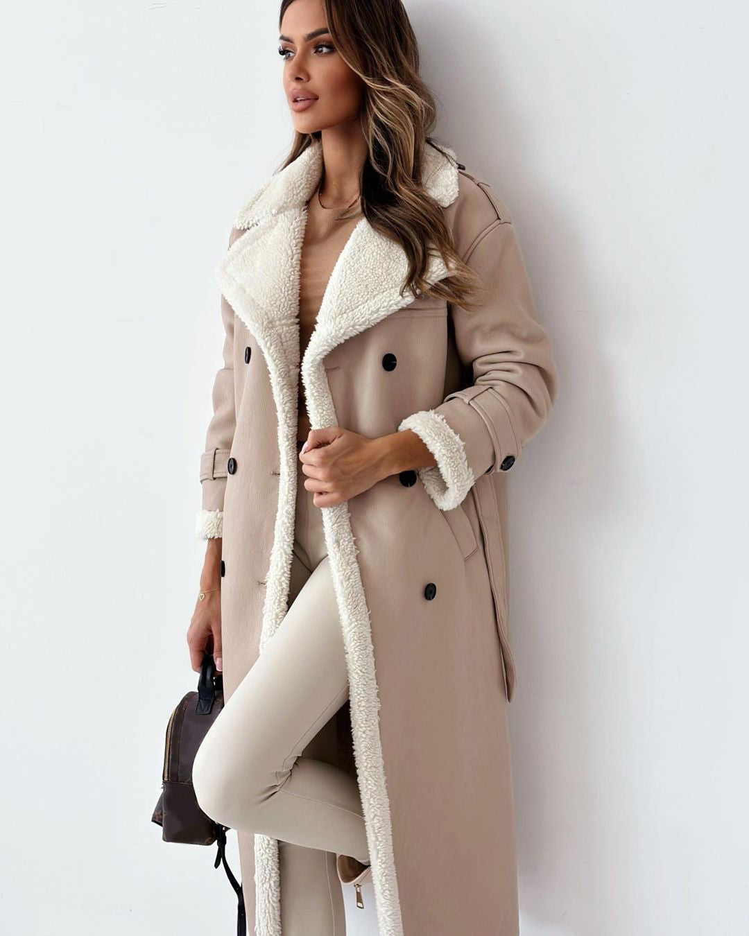 Womens Solid Colour Belted Drop Shoulder Faux Fur Jackset, Casual Long Sleeve, Lapel Neckline, Sheepskin Coat, Longline, Ladies Clothes, Warm, Trenchcoat  Double Breasted Lapel Windbreaker Women's Long Trench Coat Mid-length Overcoat Clothing