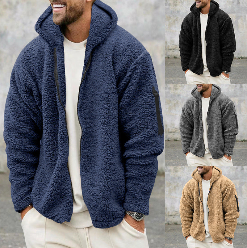 Mens Warm Fleece Plush Hooded Jacket Men's Autumn And Winter Fleece Double-sided Wear Warm Coat With Zipper Loose Casual Jacket Outdoor Clothing