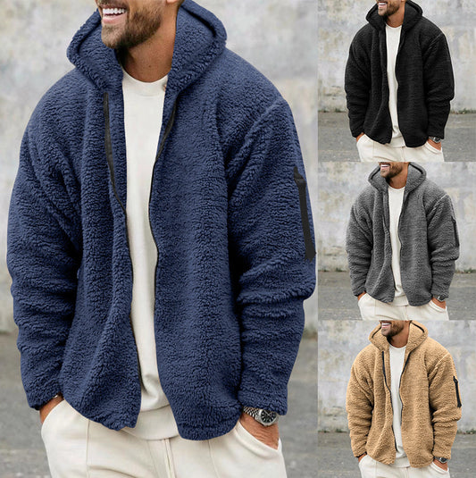 Mens Warm Fleece Plush Hooded Jacket Men's Autumn And Winter Fleece Double-sided Wear Warm Coat With Zipper Loose Casual Jacket Outdoor Clothing
