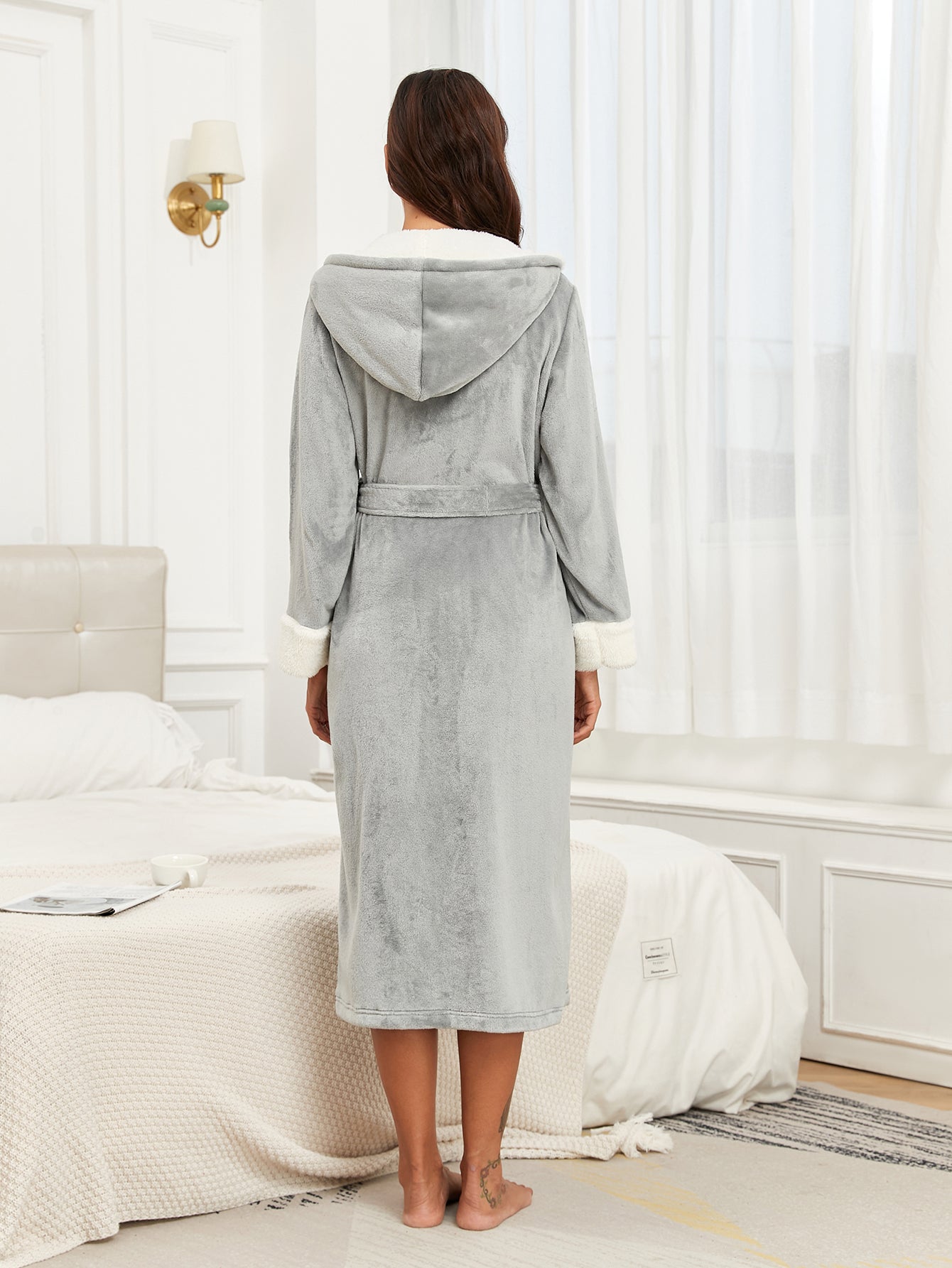 Luxury Warm Deluxe Womens Plush Fleece Hooded Bathrobe, Thick Nightgown Long Robe Sleepwear With Two Side Pockets And Belt
