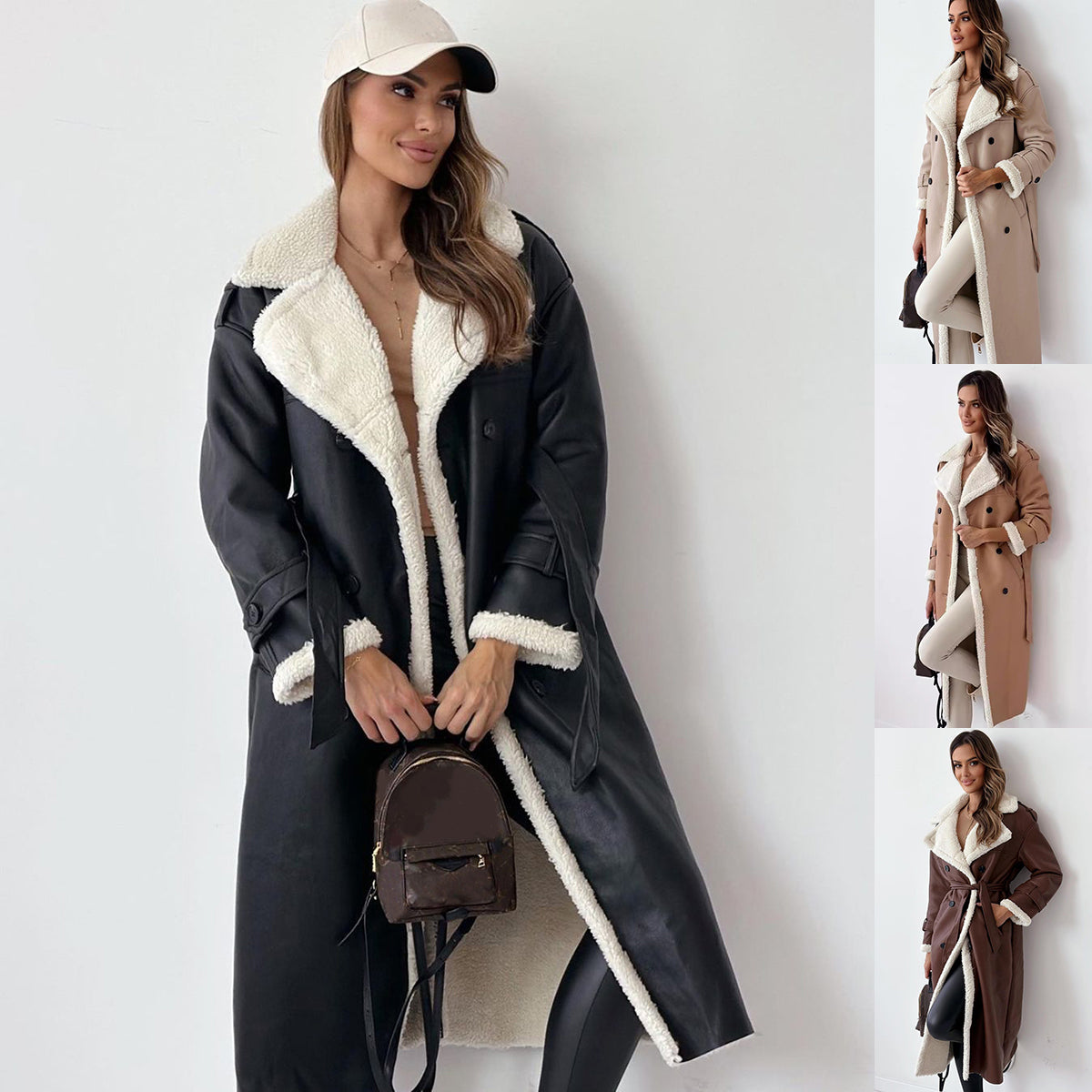 Womens Solid Colour Belted Drop Shoulder Faux Fur Jackset, Casual Long Sleeve, Lapel Neckline, Sheepskin Coat, Longline, Ladies Clothes, Warm, Trenchcoat  Double Breasted Lapel Windbreaker Women's Long Trench Coat Mid-length Overcoat Clothing
