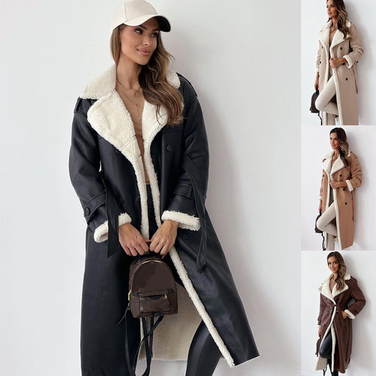 Womens Solid Colour Belted Drop Shoulder Faux Fur Jackset, Casual Long Sleeve, Lapel Neckline, Sheepskin Coat, Longline, Ladies Clothes, Warm, Trenchcoat  Double Breasted Lapel Windbreaker Women's Long Trench Coat Mid-length Overcoat Clothing
