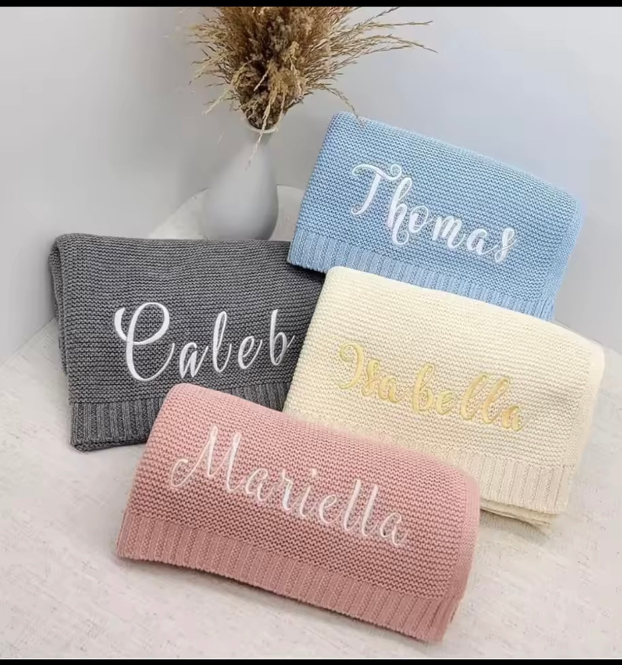 Beautiful Handmade Personalised Knitted Baby Blanket Organic Cotton and Soft Bamboo Material For a Snuggly Cosy Feel. Baby Gift Baby Shower