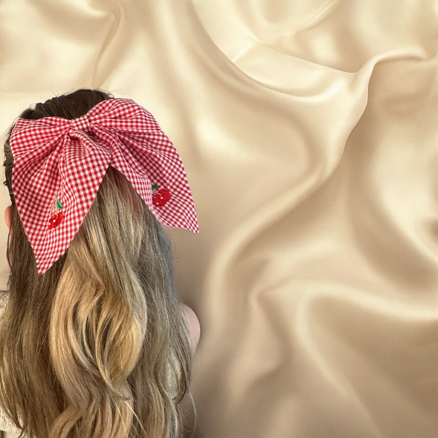2 Pack Girls Strawberry & Cherry Oversized Bow Hair Clips for Girls Handmade Embroidered Cherry and Strawberry Bow Hair Barrettes Bow Hair Accessories for Girls
